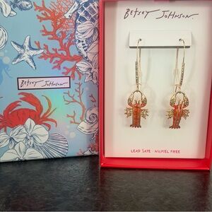 Betsey Johnson Mermaid Jewels Lobster Dangle Hoop Earrings Rhinestone Gold Tone